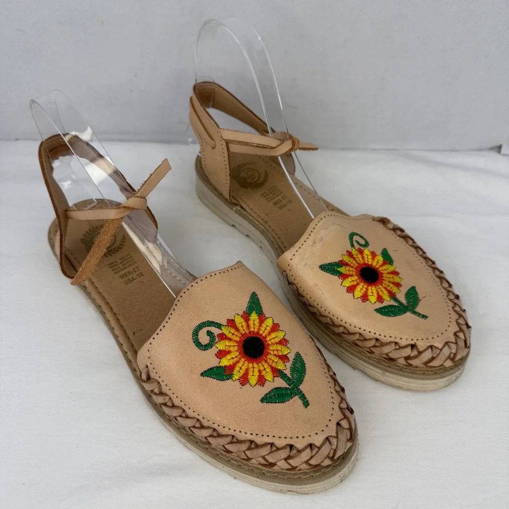 Mexican Huarache Sandals Tan Leather Sunflower‎ Embroidered Ankle Tie Flats 10